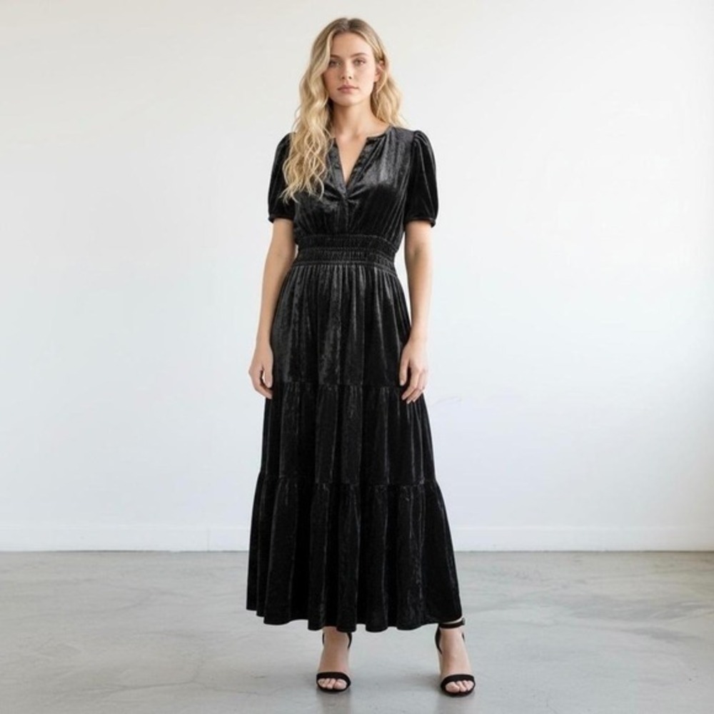 Anthropologie Somerset Velvet Black Short Sleeve Somerset Maxi Dress